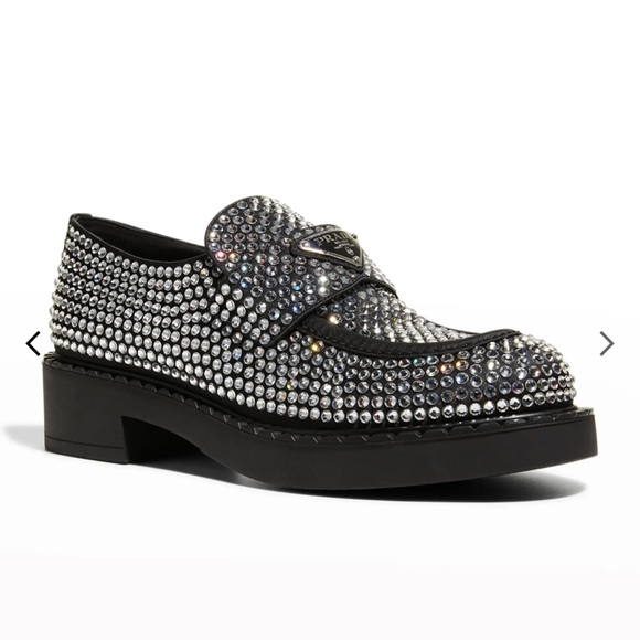 NIB PRADA  Crystal Logo Flat Loafers Size 37.5 - Picture 4 of 12